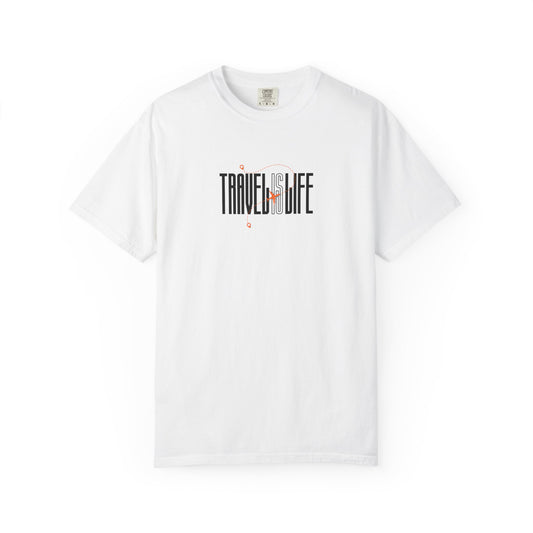 Travel is Life Unisex T-Shirt | Airplane Heart Trail Wanderlust Tee | Travel Lover Gift | Orange