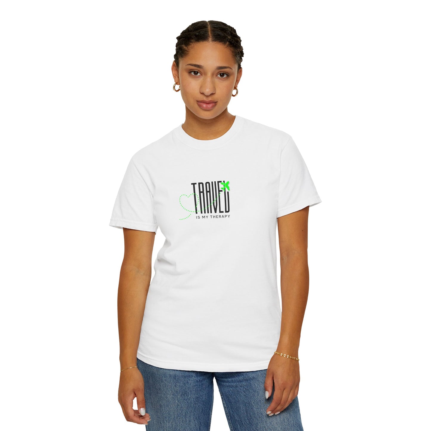 Travel is My Therapy Unisex T-Shirt | Airplane Heart Trail Wanderlust Tee | Travel Lover Gift | Green