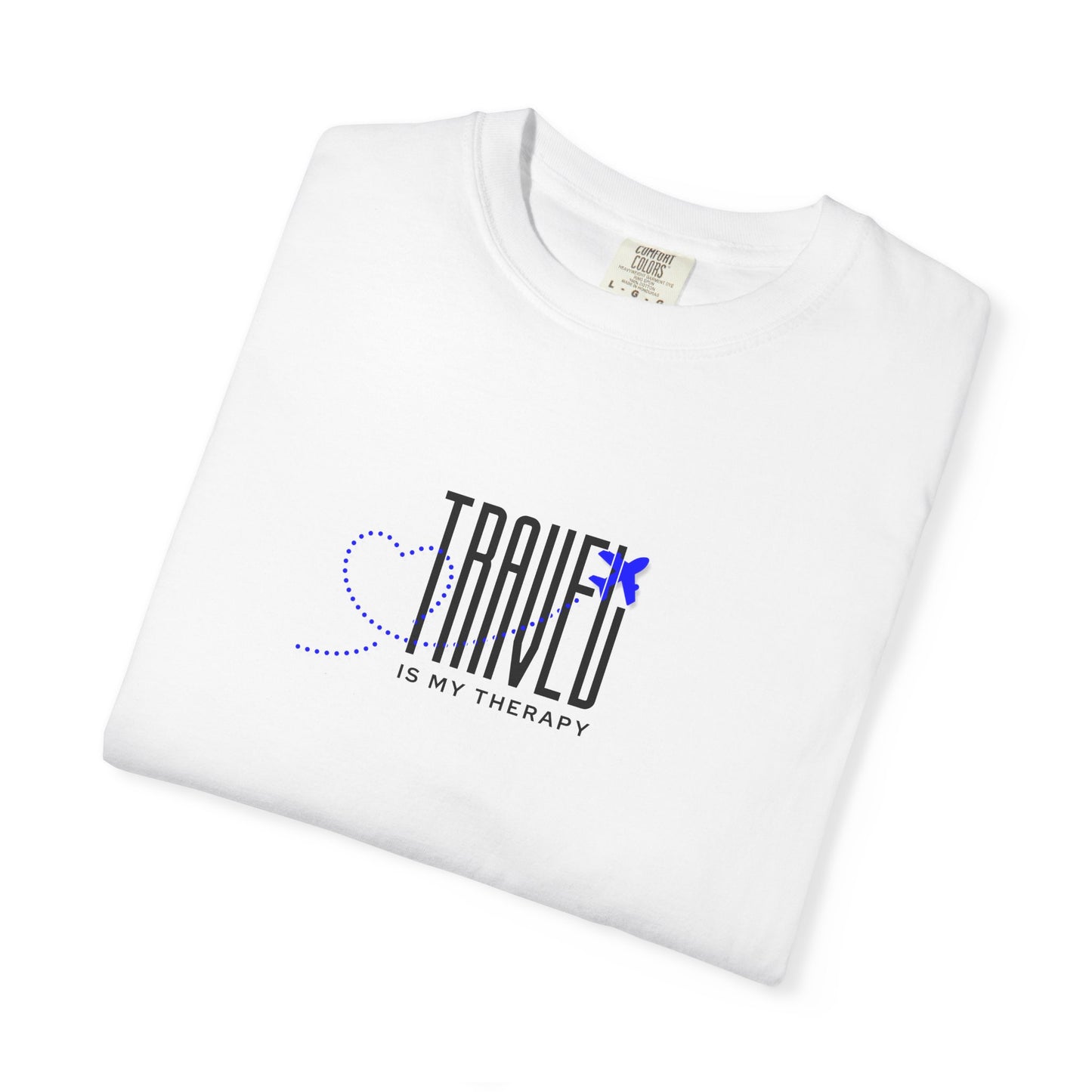Travel is My Therapy Unisex T-Shirt | Airplane Heart Trail Wanderlust Tee | Travel Lover Gift | Blue