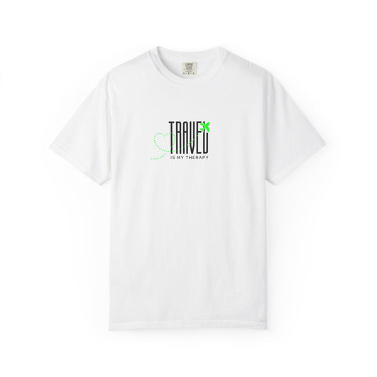 Travel is My Therapy Unisex T-Shirt | Airplane Heart Trail Wanderlust Tee | Travel Lover Gift | Green