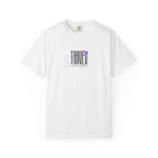 Travel is My Therapy Unisex T-Shirt | Airplane Heart Trail Wanderlust Tee | Travel Lover Gift | Purple