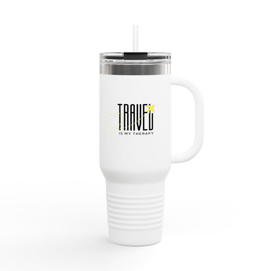 Travel is my Therapy Insulated Travel Tumbler, 40oz | Perfect for Adventures, Road Trips, Gifts, Summer Fun, Beach Days, Outdoor Activities | Yellow