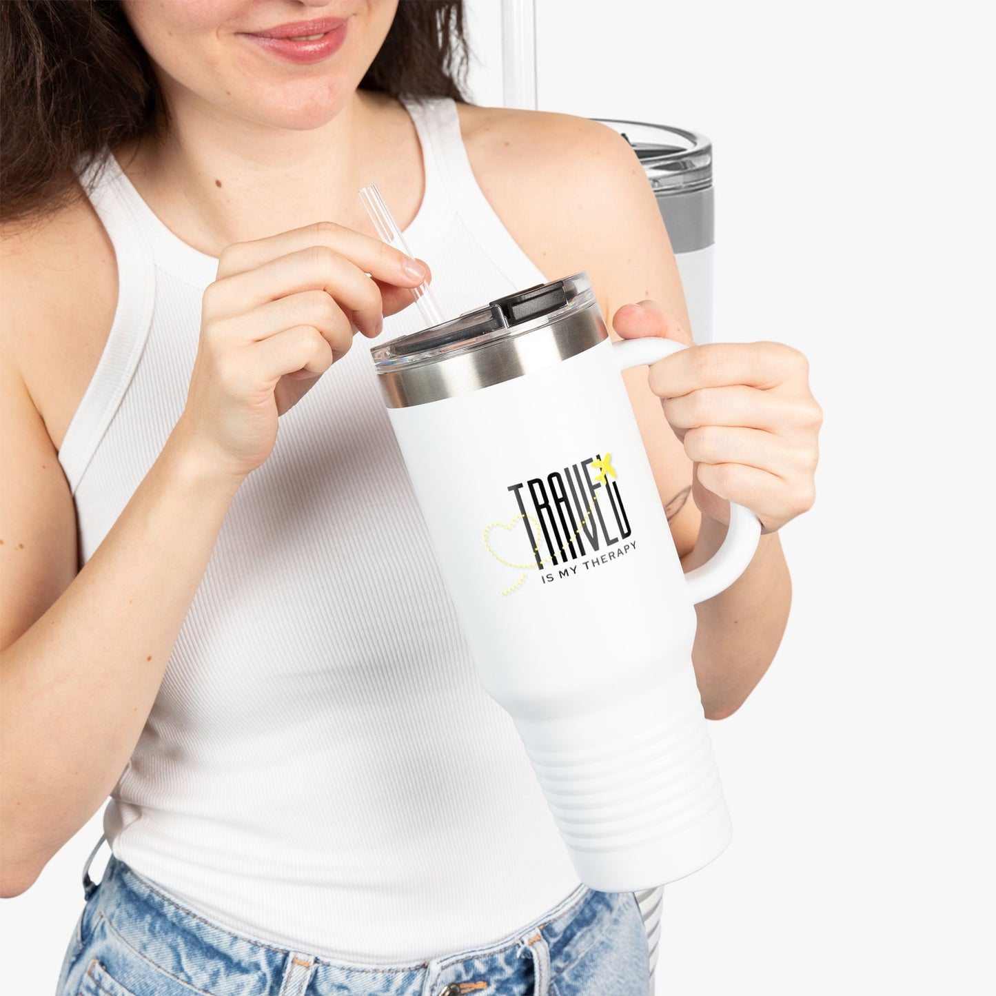 Travel is my Therapy Insulated Travel Tumbler, 40oz | Perfect for Adventures, Road Trips, Gifts, Summer Fun, Beach Days, Outdoor Activities | Yellow