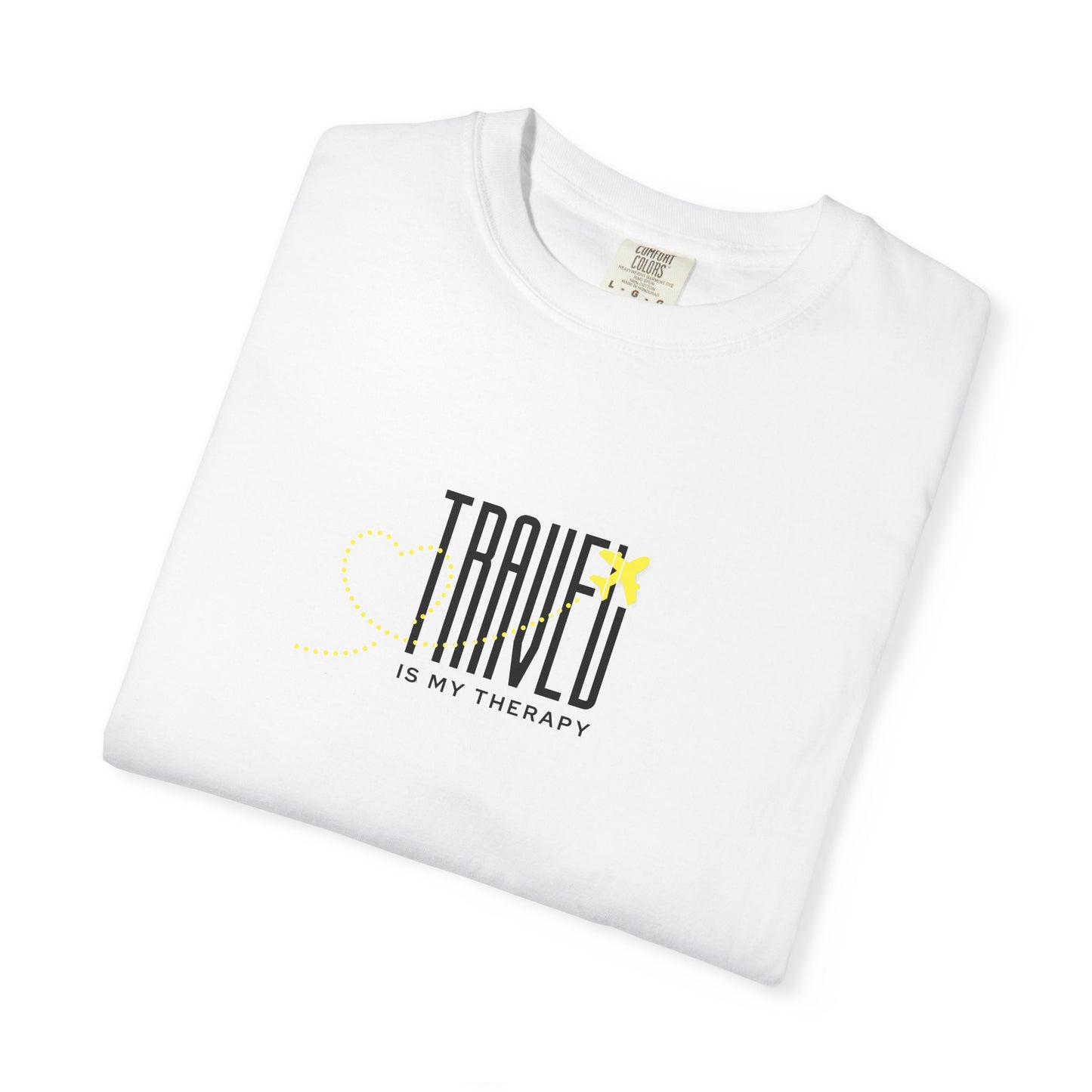 Travel is My Therapy Unisex T-Shirt | Airplane Heart Trail Wanderlust Tee | Travel Lover Gift | Yellow