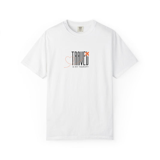 Travel is My Therapy Unisex T-Shirt | Airplane Heart Trail Wanderlust Tee | Travel Lover Gift | Orange