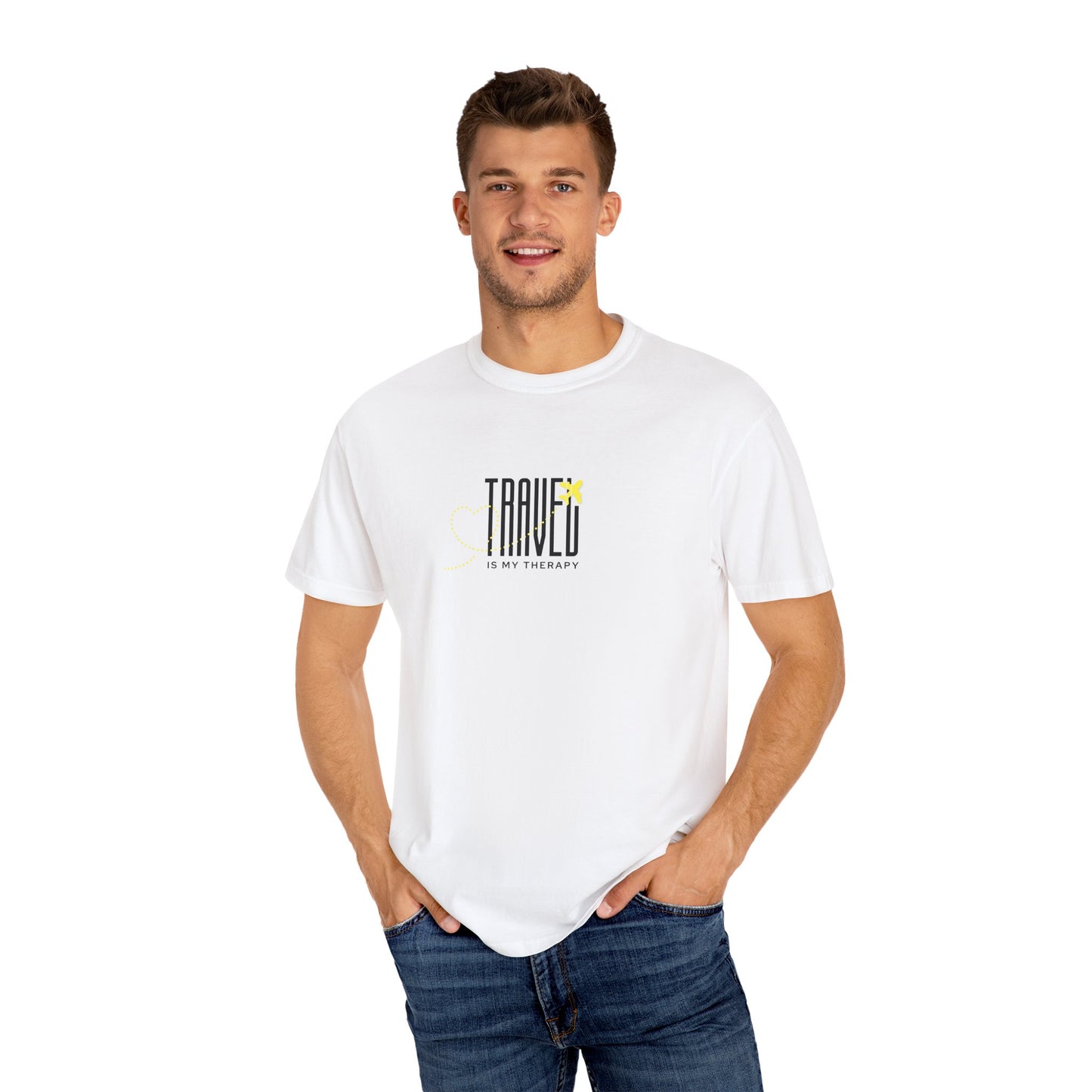 Travel is My Therapy Unisex T-Shirt | Airplane Heart Trail Wanderlust Tee | Travel Lover Gift | Yellow