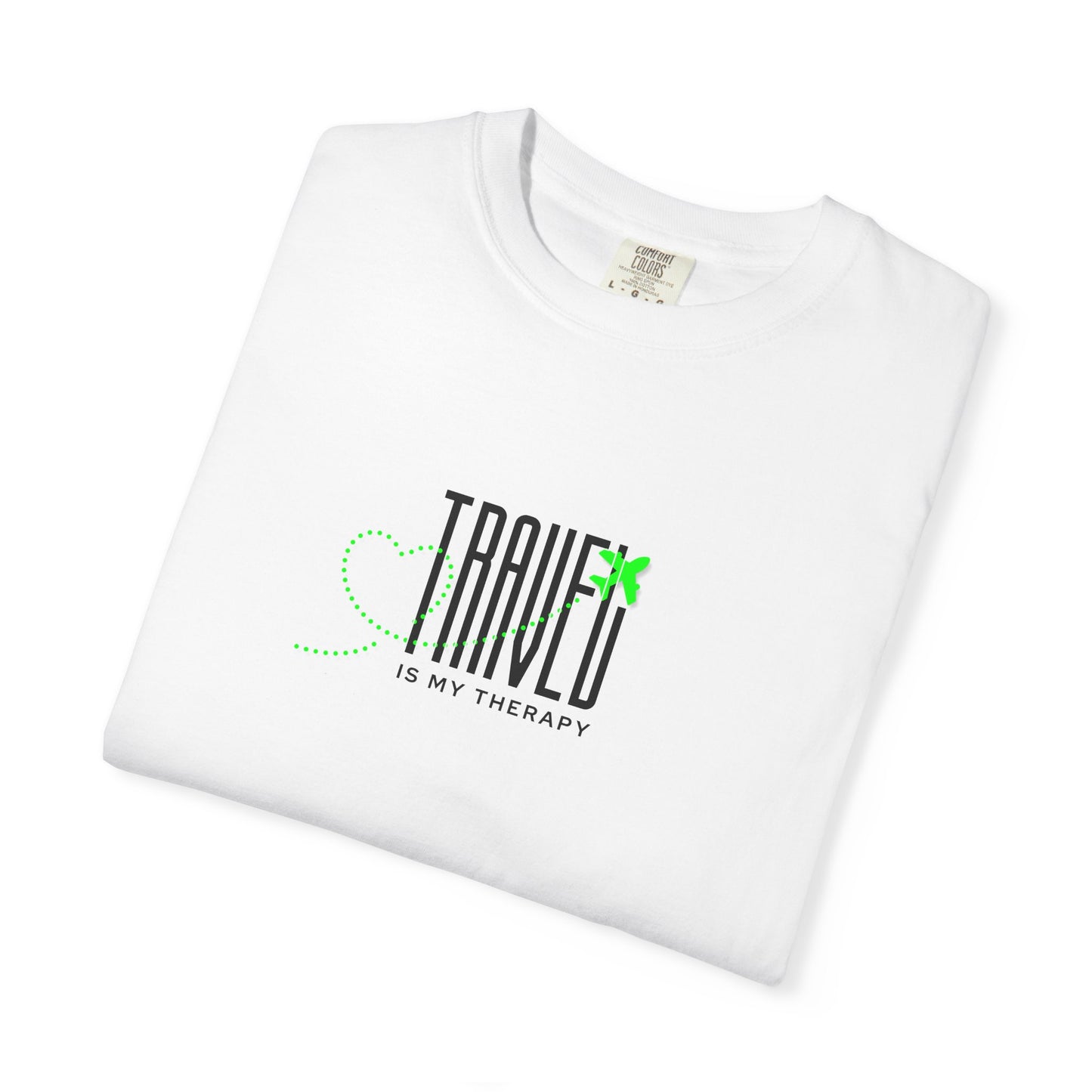 Travel is My Therapy Unisex T-Shirt | Airplane Heart Trail Wanderlust Tee | Travel Lover Gift | Green